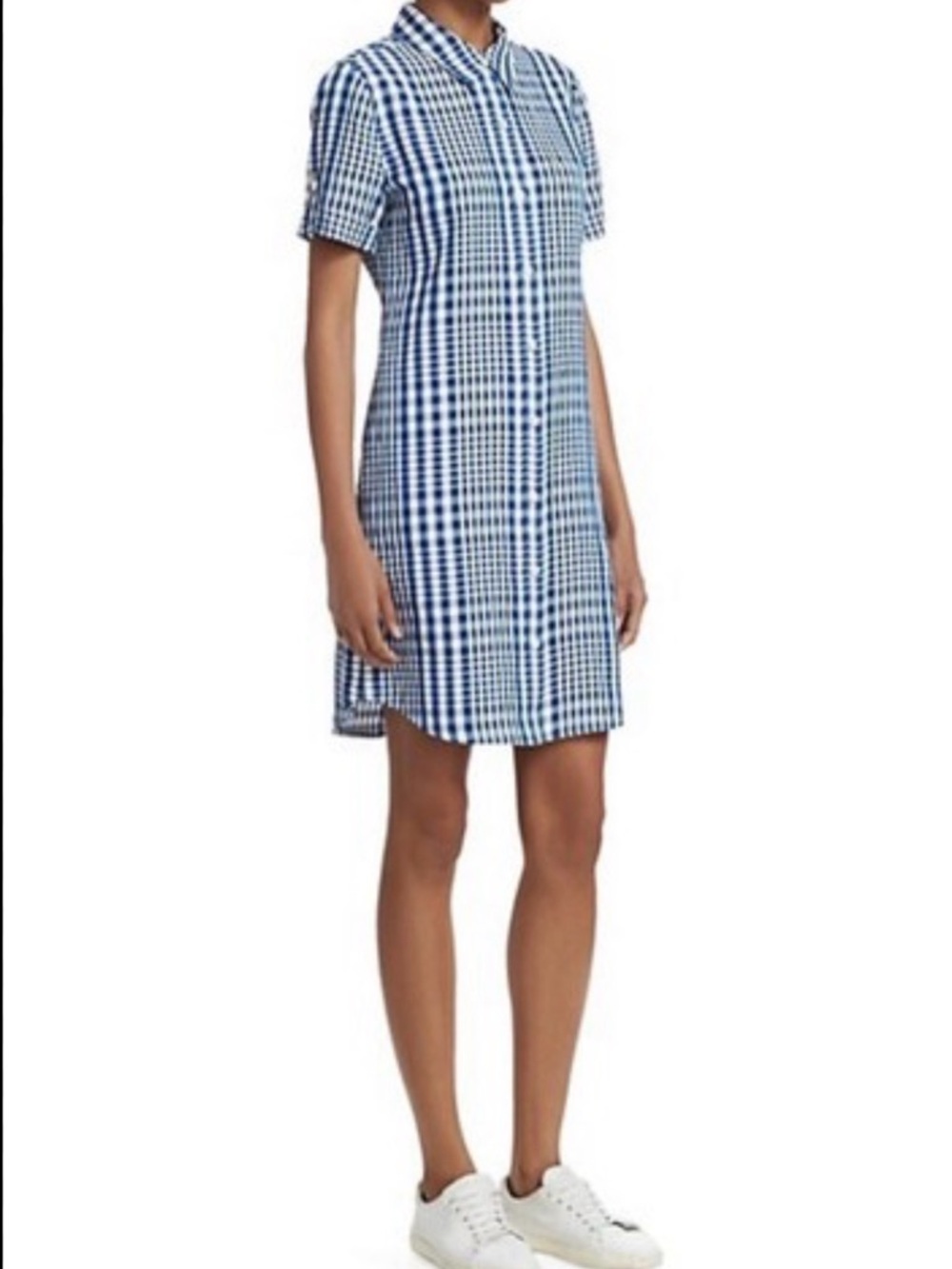 Theory Blue Gingham Short-Sleeve Mini Shirt Dress